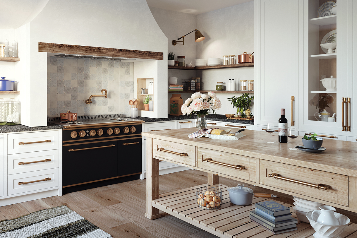 White and oak farmhouse kitchen with textured plastered walls and cabinets, dark French range, light wood worktable and wood floors.